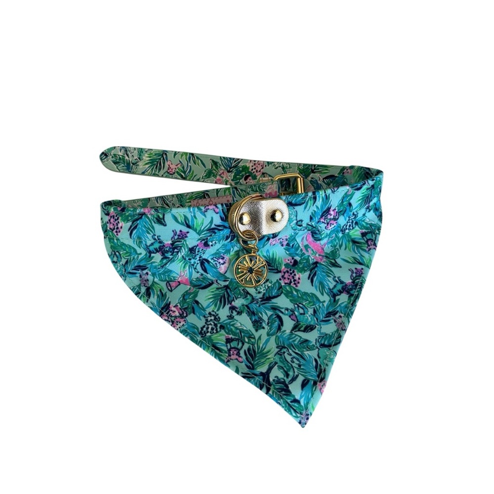 LILLY PULITZER LEATHER CANVAS DOG COLLAR Floral pup Bandana with Pendant M/L M L - Picture 4 of 8